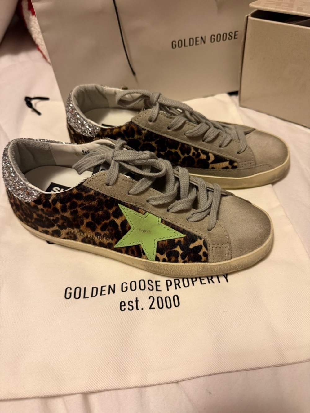 Golden Goose Leopard Print Sneakers with Green Star and Silver Heel - Picture 3 of 9